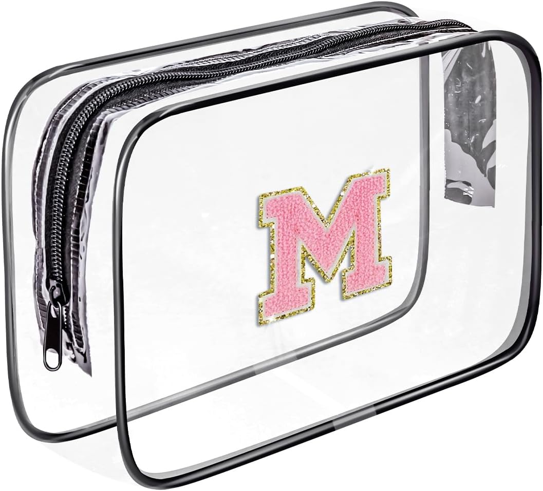 Clear Toiletry Bag,Portable Travel Toiletry Bag,Chenille Letter Cosmetic Bag with Zipper,Waterproof Makeup Bag,Cosmetic Storage Organizer for Women Men,Travel Essentials (Black,A)