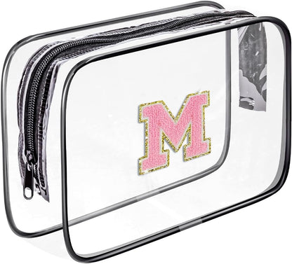 Clear Toiletry Bag,Portable Travel Toiletry Bag,Chenille Letter Cosmetic Bag with Zipper,Waterproof Makeup Bag,Cosmetic Storage Organizer for Women Men,Travel Essentials (Black,A)