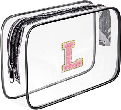 Clear Toiletry Bag,Portable Travel Toiletry Bag,Chenille Letter Cosmetic Bag with Zipper,Waterproof Makeup Bag,Cosmetic Storage Organizer for Women Men,Travel Essentials (Black,A)