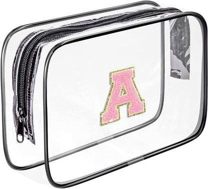 Clear Toiletry Bag,Portable Travel Toiletry Bag,Chenille Letter Cosmetic Bag with Zipper,Waterproof Makeup Bag,Cosmetic Storage Organizer for Women Men,Travel Essentials (Black,A)