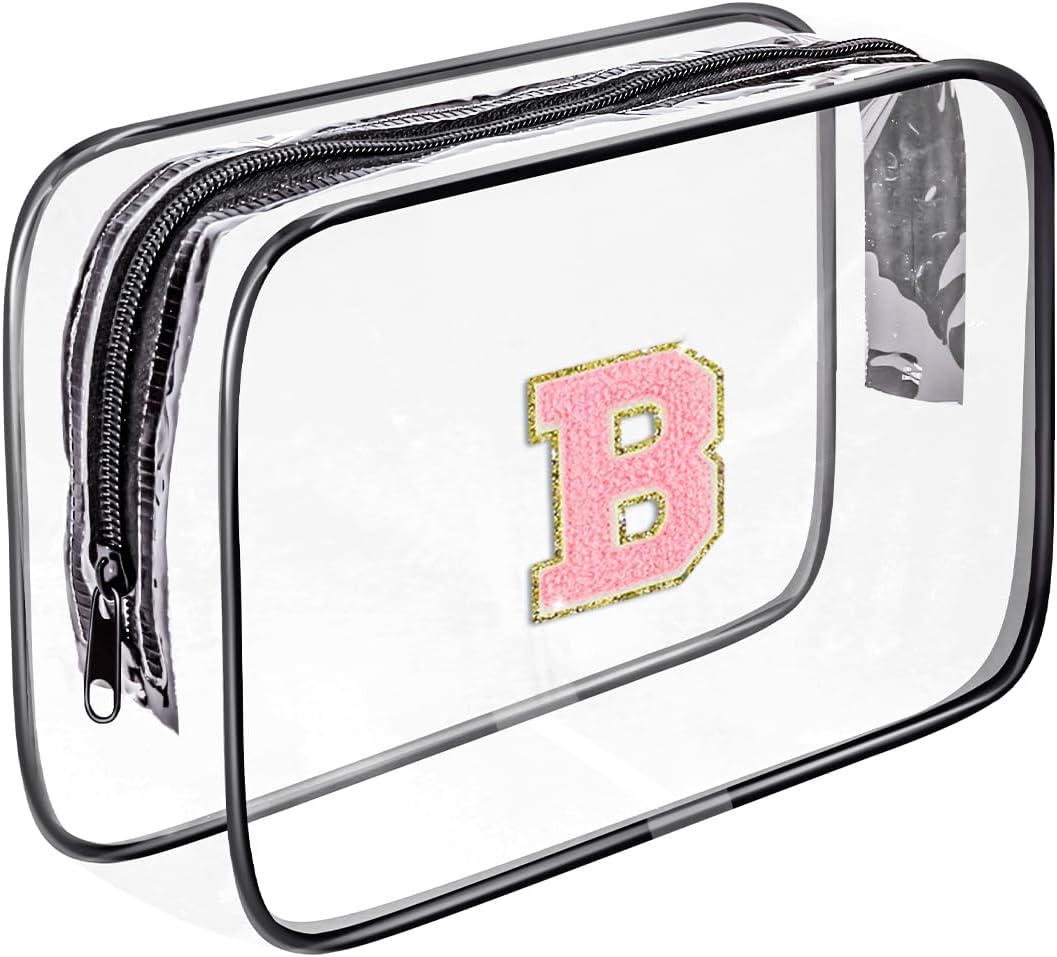 Clear Toiletry Bag,Portable Travel Toiletry Bag,Chenille Letter Cosmetic Bag with Zipper,Waterproof Makeup Bag,Cosmetic Storage Organizer for Women Men,Travel Essentials (Black,A)