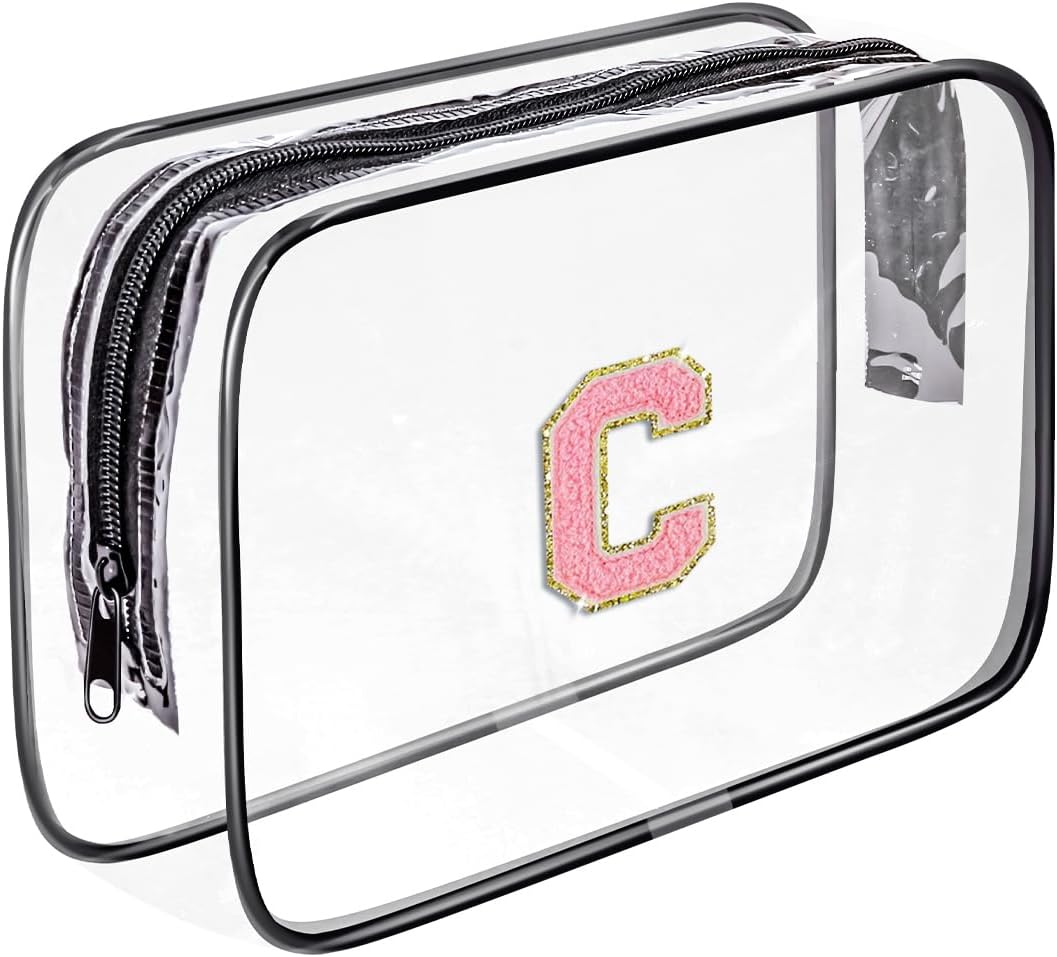 Clear Toiletry Bag,Portable Travel Toiletry Bag,Chenille Letter Cosmetic Bag with Zipper,Waterproof Makeup Bag,Cosmetic Storage Organizer for Women Men,Travel Essentials (Black,A)