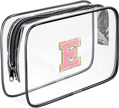 Clear Toiletry Bag,Portable Travel Toiletry Bag,Chenille Letter Cosmetic Bag with Zipper,Waterproof Makeup Bag,Cosmetic Storage Organizer for Women Men,Travel Essentials (Black,A)