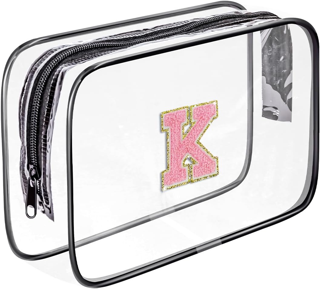 Clear Toiletry Bag,Portable Travel Toiletry Bag,Chenille Letter Cosmetic Bag with Zipper,Waterproof Makeup Bag,Cosmetic Storage Organizer for Women Men,Travel Essentials (Black,A)