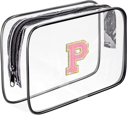 Clear Toiletry Bag,Portable Travel Toiletry Bag,Chenille Letter Cosmetic Bag with Zipper,Waterproof Makeup Bag,Cosmetic Storage Organizer for Women Men,Travel Essentials (Black,A)