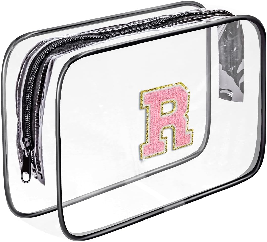 Clear Toiletry Bag,Portable Travel Toiletry Bag,Chenille Letter Cosmetic Bag with Zipper,Waterproof Makeup Bag,Cosmetic Storage Organizer for Women Men,Travel Essentials (Black,A)