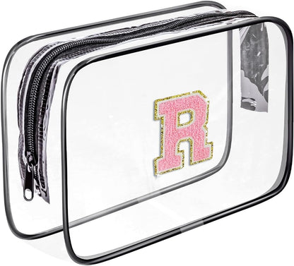 Clear Toiletry Bag,Portable Travel Toiletry Bag,Chenille Letter Cosmetic Bag with Zipper,Waterproof Makeup Bag,Cosmetic Storage Organizer for Women Men,Travel Essentials (Black,A)