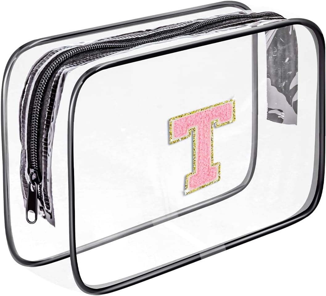 Clear Toiletry Bag,Portable Travel Toiletry Bag,Chenille Letter Cosmetic Bag with Zipper,Waterproof Makeup Bag,Cosmetic Storage Organizer for Women Men,Travel Essentials (Black,A)