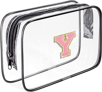 Clear Toiletry Bag,Portable Travel Toiletry Bag,Chenille Letter Cosmetic Bag with Zipper,Waterproof Makeup Bag,Cosmetic Storage Organizer for Women Men,Travel Essentials (Black,A)