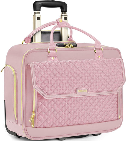 Rolling Laptop Bag Women, Rolling Briefcase for Women for Work, 17 Inch Computer Bag with Wheels, Fashion Flap Laptop Bag With Wheels for Work Business, TSA Friendly Design, Pink