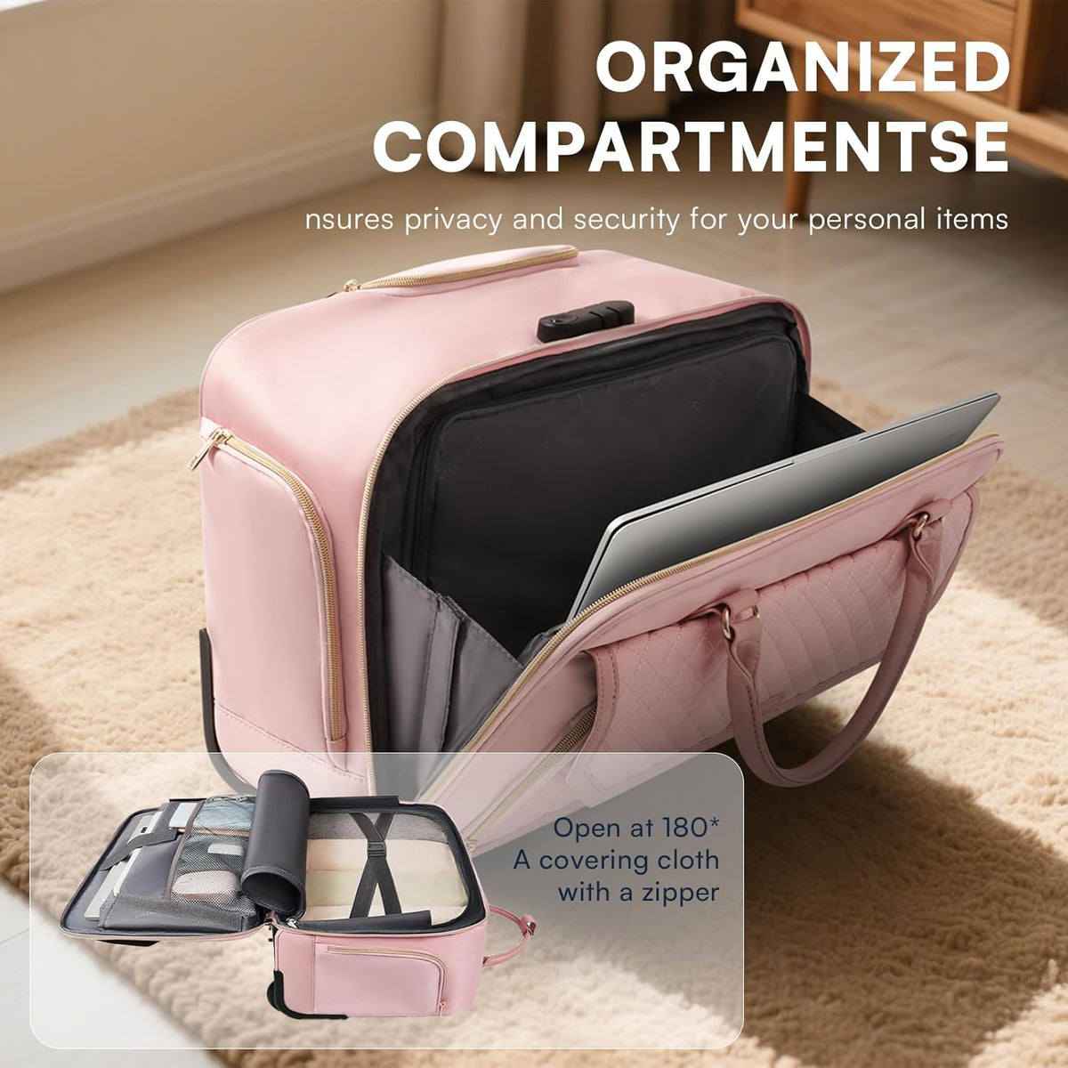 Rolling Laptop Bag Women, Rolling Briefcase for Women for Work, 17 Inch Computer Bag with Wheels, Fashion Flap Laptop Bag With Wheels for Work Business, TSA Friendly Design, Pink