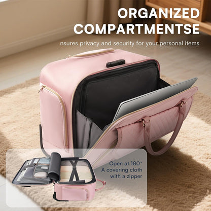 Rolling Laptop Bag Women, Rolling Briefcase for Women for Work, 17 Inch Computer Bag with Wheels, Fashion Flap Laptop Bag With Wheels for Work Business, TSA Friendly Design, Pink