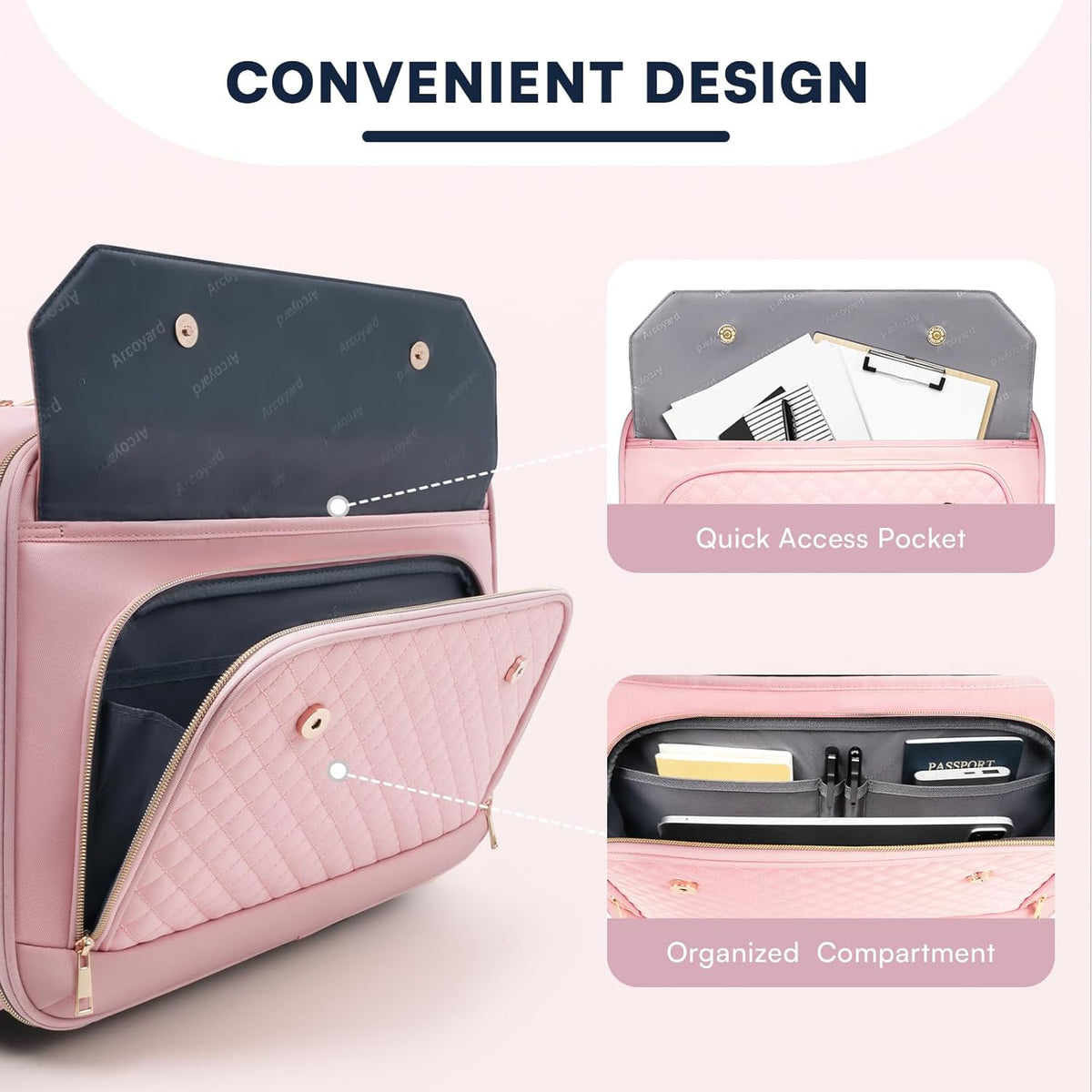 Rolling Laptop Bag Women, Rolling Briefcase for Women for Work, 17 Inch Computer Bag with Wheels, Fashion Flap Laptop Bag With Wheels for Work Business, TSA Friendly Design, Pink