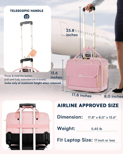 Rolling Laptop Bag Women, Rolling Briefcase for Women for Work, 17 Inch Computer Bag with Wheels, Fashion Flap Laptop Bag With Wheels for Work Business, TSA Friendly Design, Pink