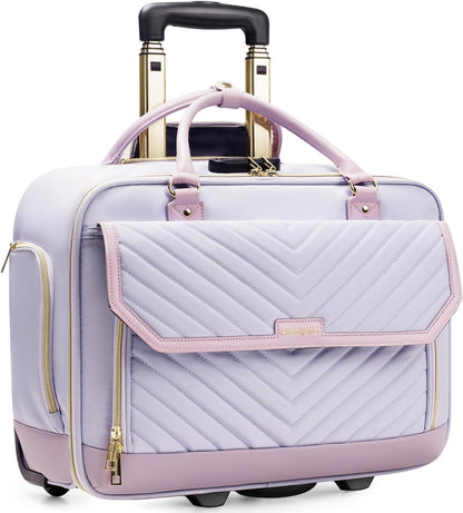 Rolling Laptop Bag Women, Rolling Briefcase for Women for Work, 17 Inch Computer Bag with Wheels, Fashion Flap Laptop Bag With Wheels for Work Business, TSA Friendly Design, Pink