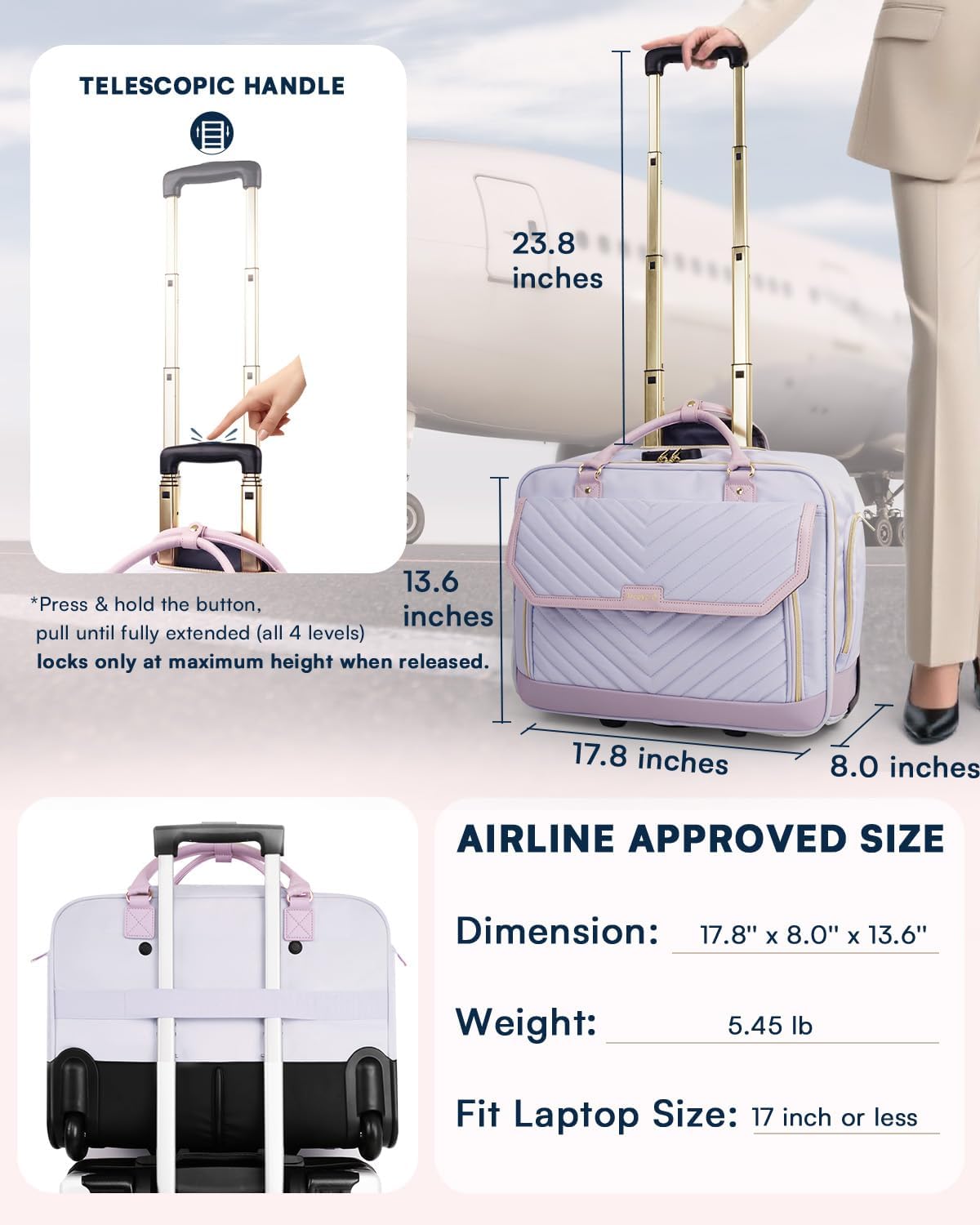 Rolling Laptop Bag Women, Rolling Briefcase for Women for Work, 17 Inch Computer Bag with Wheels, Fashion Flap Laptop Bag With Wheels for Work Business, TSA Friendly Design, Pink