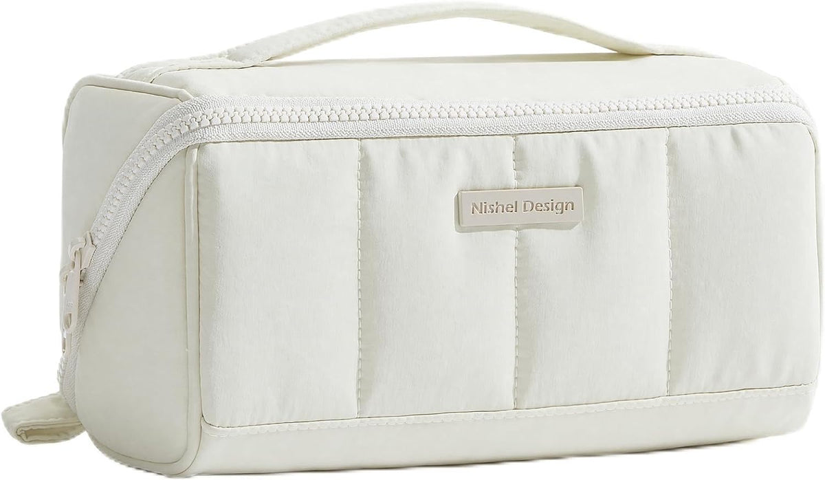 Travel Makeup Bag Organizer Pouch Open Flat Cosmetic Case Brush Slot | Open-flat design with dividers keeps cosmetics, brushes, and small beauty tools organized for travel routines, Peach-Pink