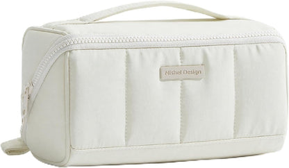 Travel Makeup Bag Organizer Pouch Open Flat Cosmetic Case Brush Slot | Open-flat design with dividers keeps cosmetics, brushes, and small beauty tools organized for travel routines, Peach-Pink