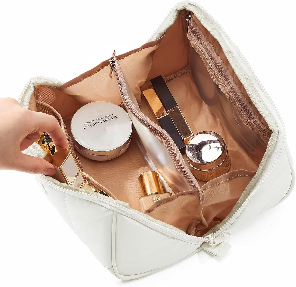 Travel Makeup Bag Organizer Pouch Open Flat Cosmetic Case Brush Slot | Open-flat design with dividers keeps cosmetics, brushes, and small beauty tools organized for travel routines, Peach-Pink