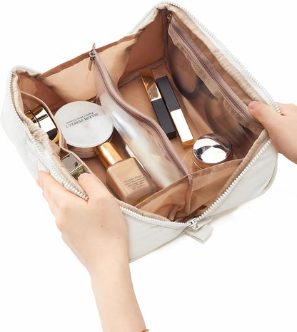 Travel Makeup Bag Organizer Pouch Open Flat Cosmetic Case Brush Slot | Open-flat design with dividers keeps cosmetics, brushes, and small beauty tools organized for travel routines, Peach-Pink