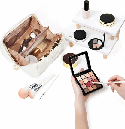 Travel Makeup Bag Organizer Pouch Open Flat Cosmetic Case Brush Slot | Open-flat design with dividers keeps cosmetics, brushes, and small beauty tools organized for travel routines, Peach-Pink