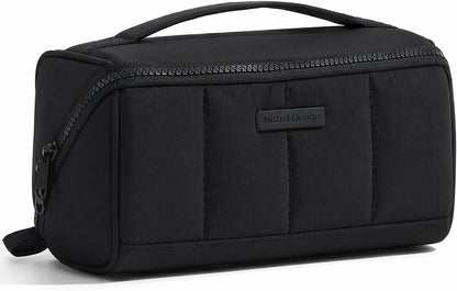 Travel Makeup Bag Organizer Pouch Open Flat Cosmetic Case Brush Slot | Open-flat design with dividers keeps cosmetics, brushes, and small beauty tools organized for travel routines, Peach-Pink