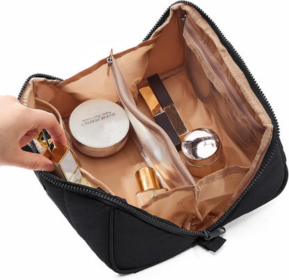 Travel Makeup Bag Organizer Pouch Open Flat Cosmetic Case Brush Slot | Open-flat design with dividers keeps cosmetics, brushes, and small beauty tools organized for travel routines, Peach-Pink