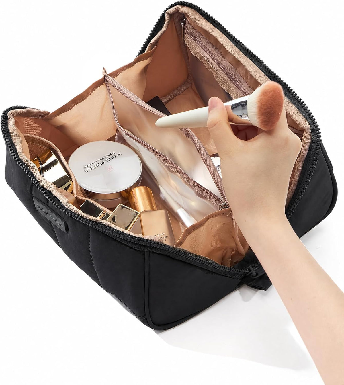 Travel Makeup Bag Organizer Pouch Open Flat Cosmetic Case Brush Slot | Open-flat design with dividers keeps cosmetics, brushes, and small beauty tools organized for travel routines, Peach-Pink