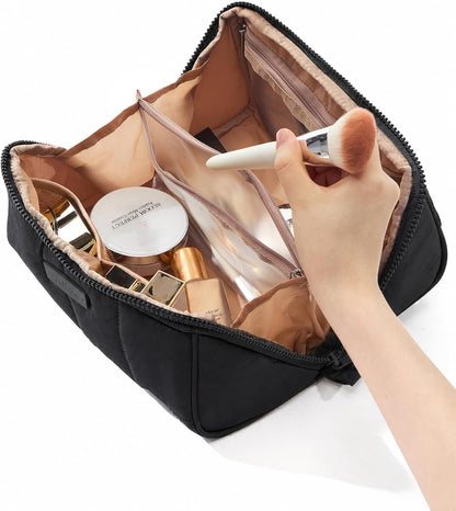 Travel Makeup Bag Organizer Pouch Open Flat Cosmetic Case Brush Slot | Open-flat design with dividers keeps cosmetics, brushes, and small beauty tools organized for travel routines, Peach-Pink