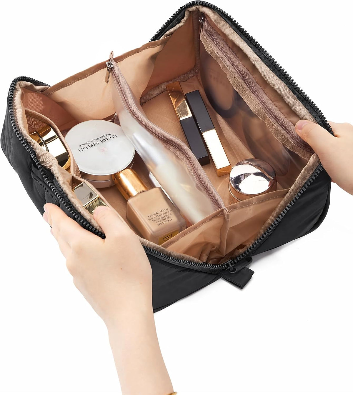 Travel Makeup Bag Organizer Pouch Open Flat Cosmetic Case Brush Slot | Open-flat design with dividers keeps cosmetics, brushes, and small beauty tools organized for travel routines, Peach-Pink