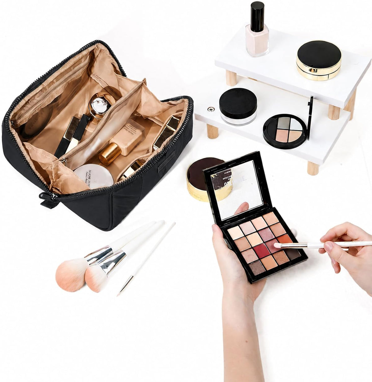 Travel Makeup Bag Organizer Pouch Open Flat Cosmetic Case Brush Slot | Open-flat design with dividers keeps cosmetics, brushes, and small beauty tools organized for travel routines, Peach-Pink