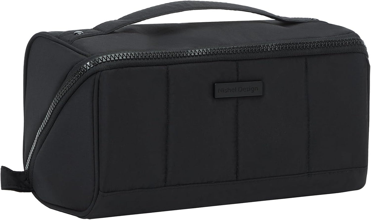 Travel Makeup Bag Organizer Pouch Open Flat Cosmetic Case Brush Slot | Open-flat design with dividers keeps cosmetics, brushes, and small beauty tools organized for travel routines, Peach-Pink
