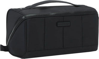 Travel Makeup Bag Organizer Pouch Open Flat Cosmetic Case Brush Slot | Open-flat design with dividers keeps cosmetics, brushes, and small beauty tools organized for travel routines, Peach-Pink