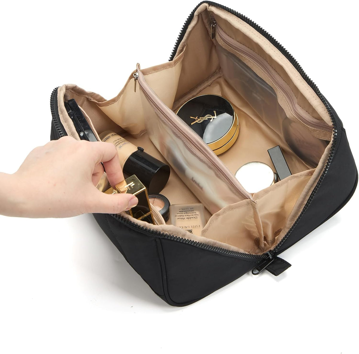 Travel Makeup Bag Organizer Pouch Open Flat Cosmetic Case Brush Slot | Open-flat design with dividers keeps cosmetics, brushes, and small beauty tools organized for travel routines, Peach-Pink