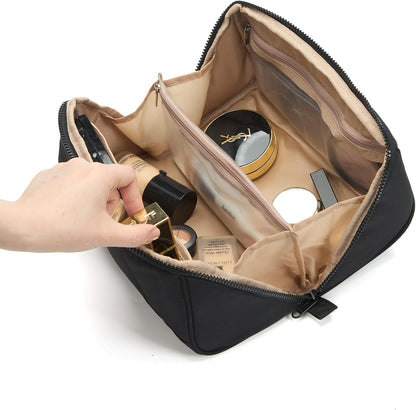 Travel Makeup Bag Organizer Pouch Open Flat Cosmetic Case Brush Slot | Open-flat design with dividers keeps cosmetics, brushes, and small beauty tools organized for travel routines, Peach-Pink