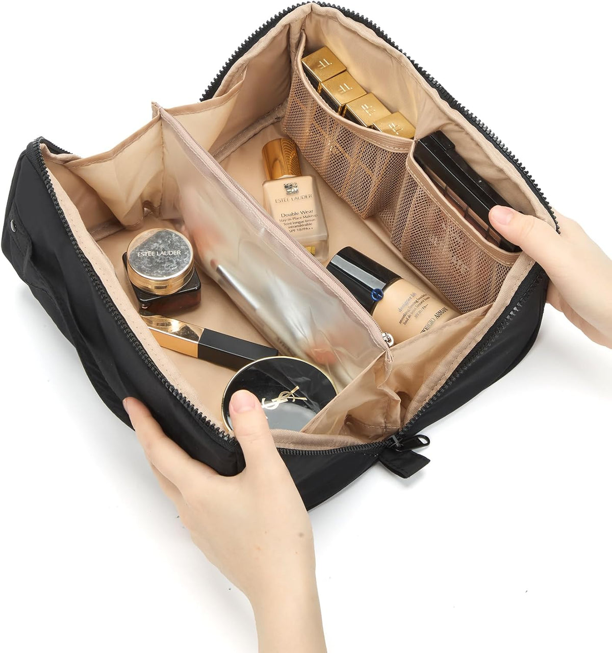 Travel Makeup Bag Organizer Pouch Open Flat Cosmetic Case Brush Slot | Open-flat design with dividers keeps cosmetics, brushes, and small beauty tools organized for travel routines, Peach-Pink