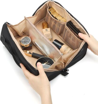 Travel Makeup Bag Organizer Pouch Open Flat Cosmetic Case Brush Slot | Open-flat design with dividers keeps cosmetics, brushes, and small beauty tools organized for travel routines, Peach-Pink