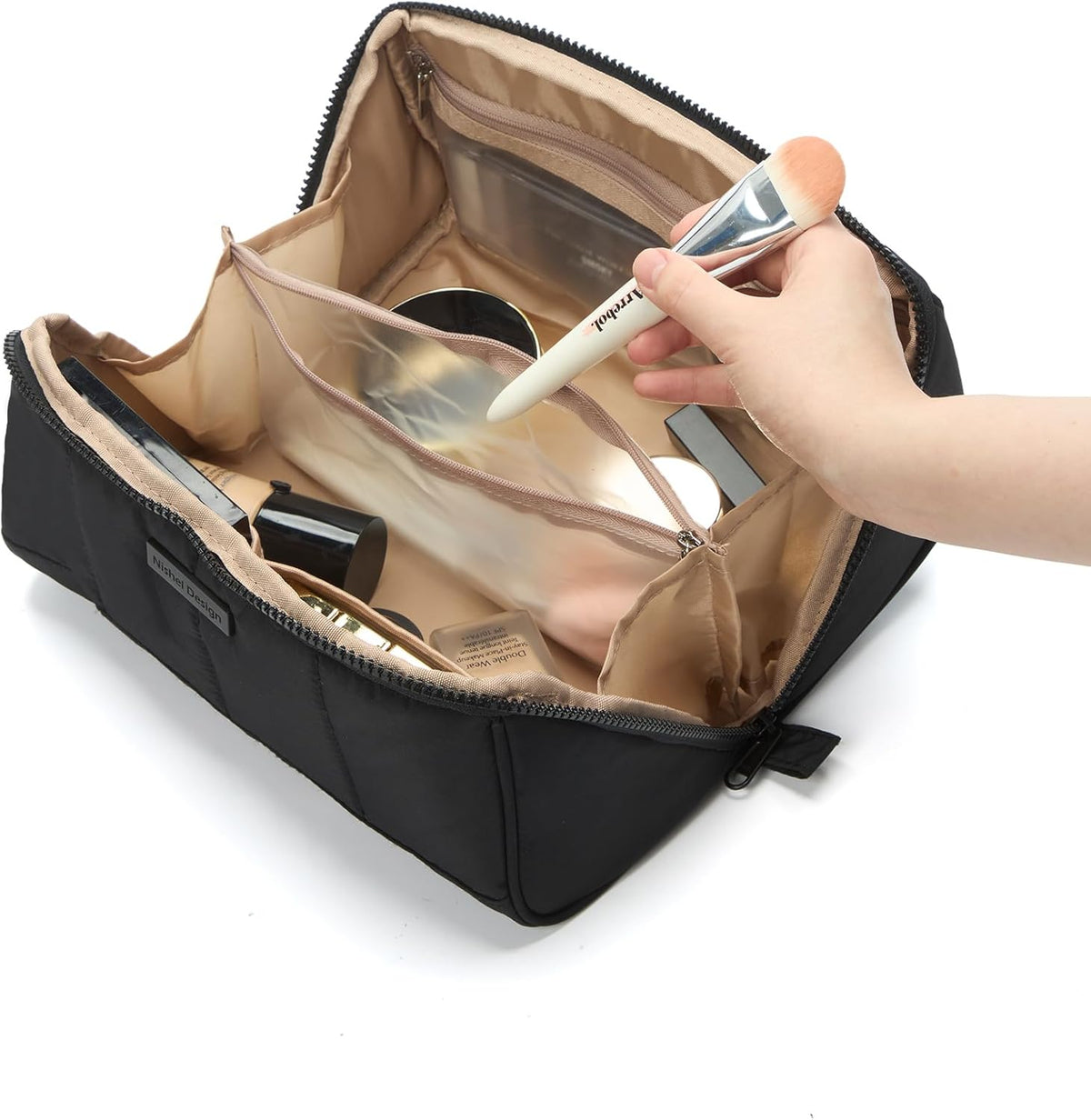 Travel Makeup Bag Organizer Pouch Open Flat Cosmetic Case Brush Slot | Open-flat design with dividers keeps cosmetics, brushes, and small beauty tools organized for travel routines, Peach-Pink