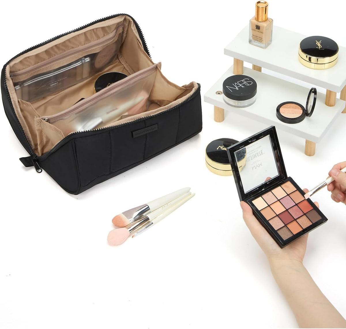 Travel Makeup Bag Organizer Pouch Open Flat Cosmetic Case Brush Slot | Open-flat design with dividers keeps cosmetics, brushes, and small beauty tools organized for travel routines, Peach-Pink