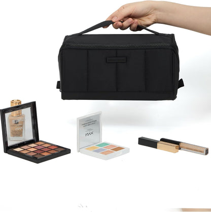 Travel Makeup Bag Organizer Pouch Open Flat Cosmetic Case Brush Slot | Open-flat design with dividers keeps cosmetics, brushes, and small beauty tools organized for travel routines, Peach-Pink