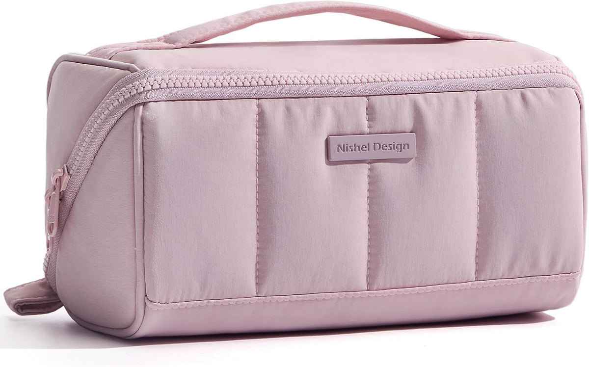 Travel Makeup Bag Organizer Pouch Open Flat Cosmetic Case Brush Slot | Open-flat design with dividers keeps cosmetics, brushes, and small beauty tools organized for travel routines, Peach-Pink