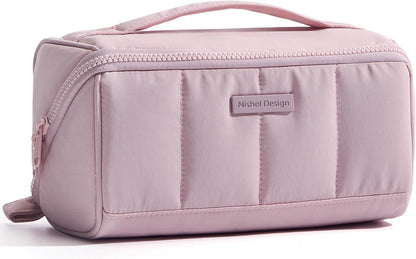 Travel Makeup Bag Organizer Pouch Open Flat Cosmetic Case Brush Slot | Open-flat design with dividers keeps cosmetics, brushes, and small beauty tools organized for travel routines, Peach-Pink
