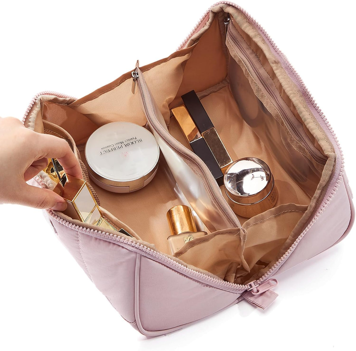 Travel Makeup Bag Organizer Pouch Open Flat Cosmetic Case Brush Slot | Open-flat design with dividers keeps cosmetics, brushes, and small beauty tools organized for travel routines, Peach-Pink