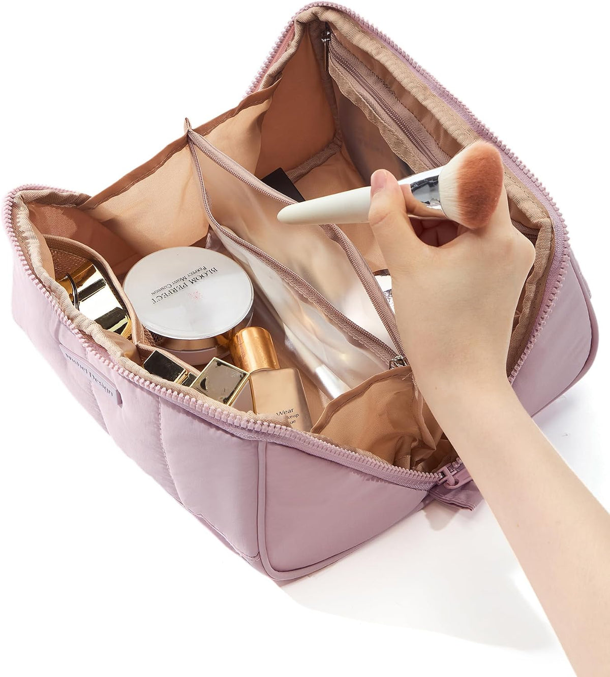 Travel Makeup Bag Organizer Pouch Open Flat Cosmetic Case Brush Slot | Open-flat design with dividers keeps cosmetics, brushes, and small beauty tools organized for travel routines, Peach-Pink