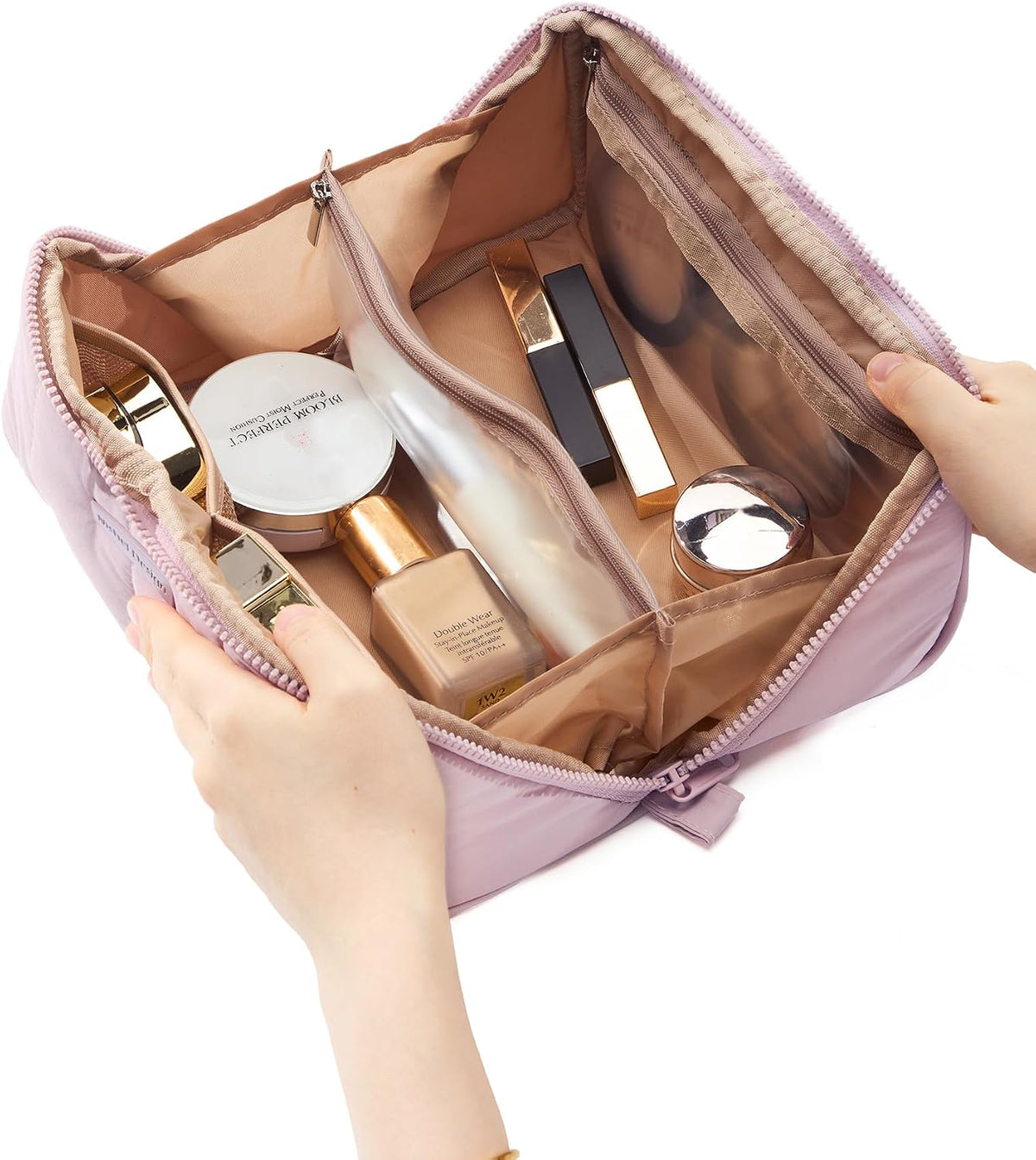 Travel Makeup Bag Organizer Pouch Open Flat Cosmetic Case Brush Slot | Open-flat design with dividers keeps cosmetics, brushes, and small beauty tools organized for travel routines, Peach-Pink