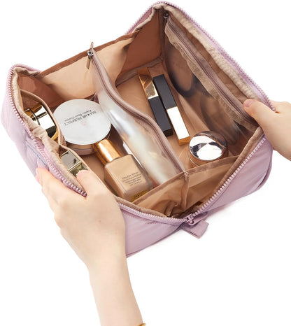 Travel Makeup Bag Organizer Pouch Open Flat Cosmetic Case Brush Slot | Open-flat design with dividers keeps cosmetics, brushes, and small beauty tools organized for travel routines, Peach-Pink