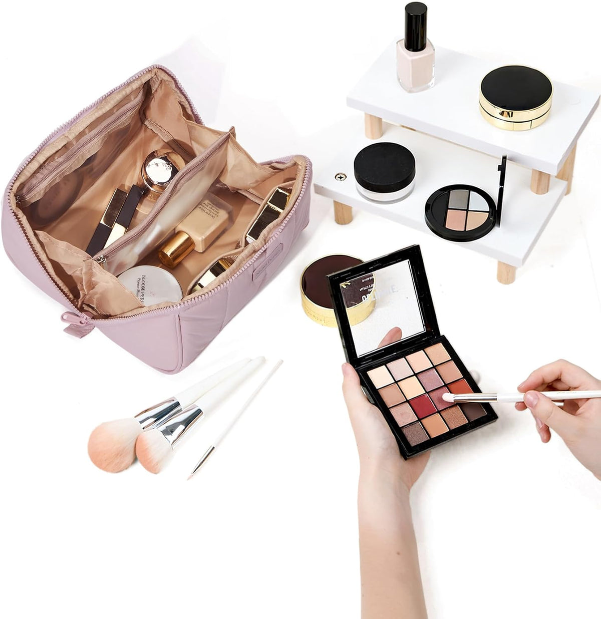Travel Makeup Bag Organizer Pouch Open Flat Cosmetic Case Brush Slot | Open-flat design with dividers keeps cosmetics, brushes, and small beauty tools organized for travel routines, Peach-Pink