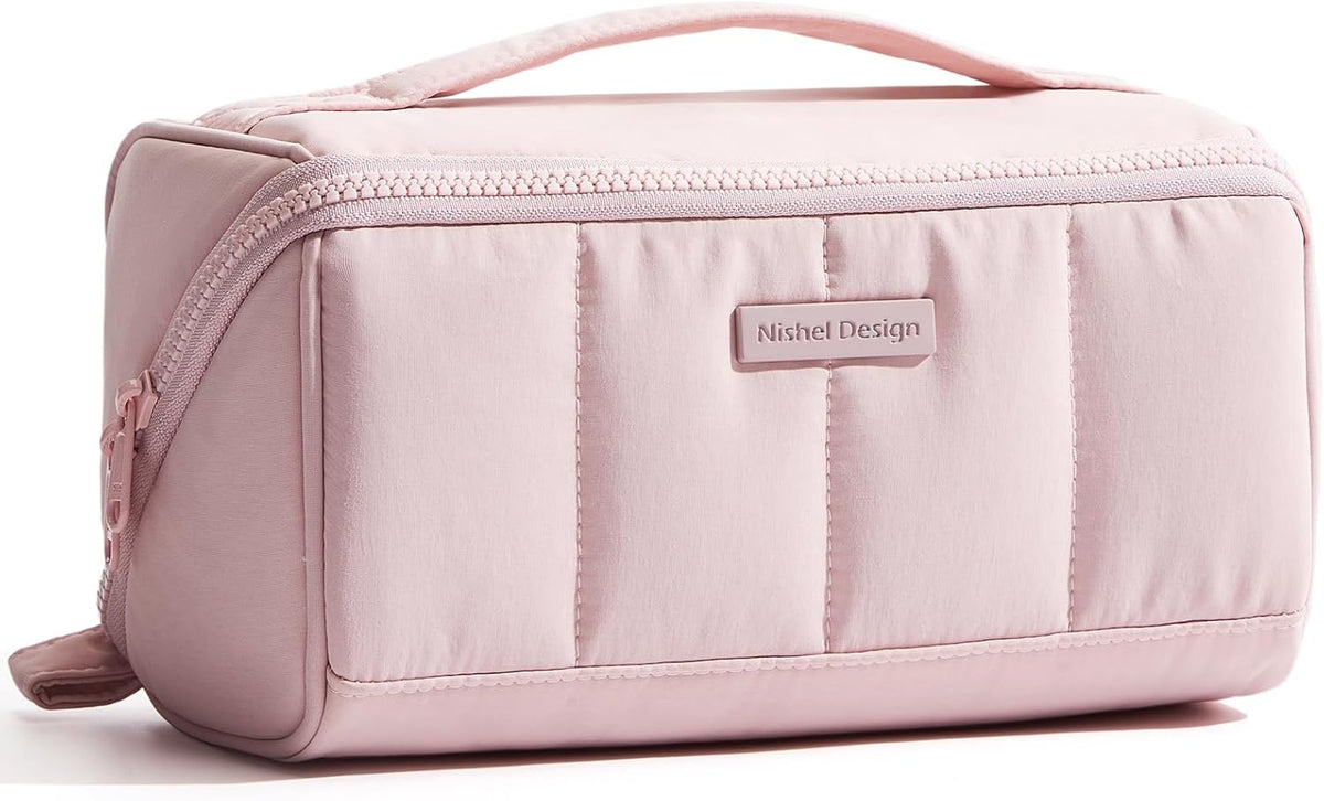 Travel Makeup Bag Organizer Pouch Open Flat Cosmetic Case Brush Slot | Open-flat design with dividers keeps cosmetics, brushes, and small beauty tools organized for travel routines, Peach-Pink