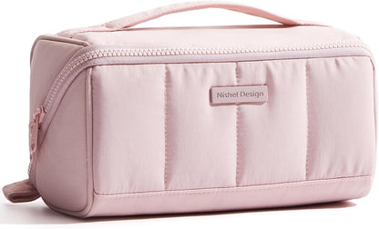 Travel Makeup Bag Organizer Pouch Open Flat Cosmetic Case Brush Slot | Open-flat design with dividers keeps cosmetics, brushes, and small beauty tools organized for travel routines, Peach-Pink