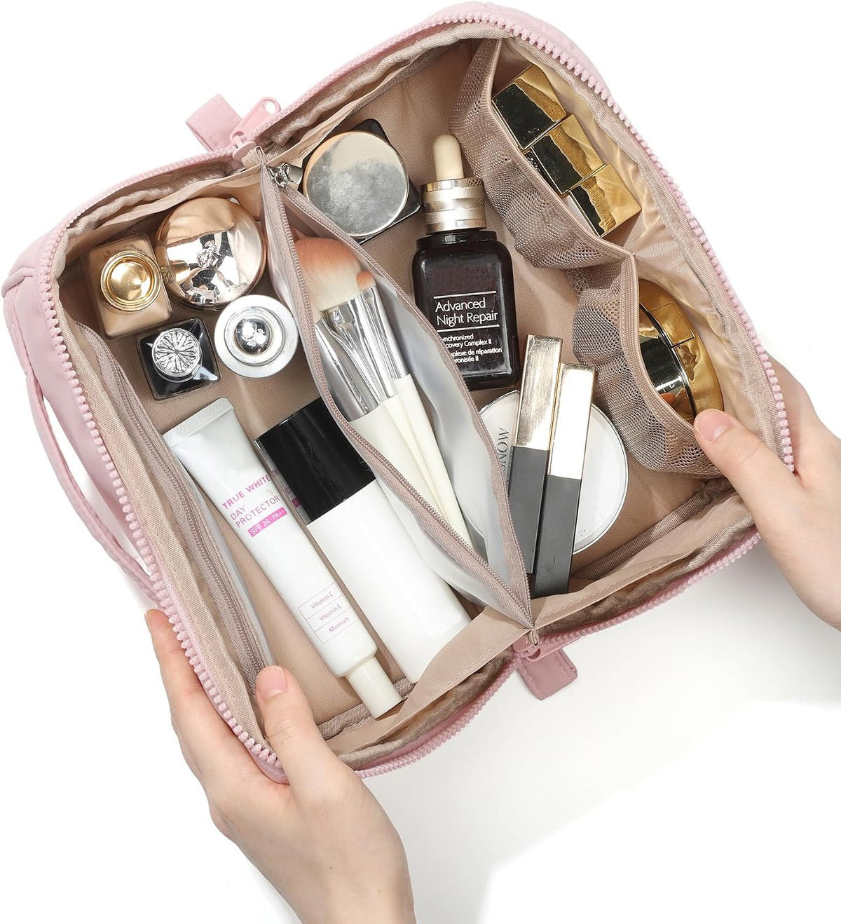 Travel Makeup Bag Organizer Pouch Open Flat Cosmetic Case Brush Slot | Open-flat design with dividers keeps cosmetics, brushes, and small beauty tools organized for travel routines, Peach-Pink
